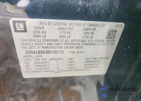 2014 Chevrolet Equinox Lt from USA, damaged, VIN 2GNALBEK0E6195119